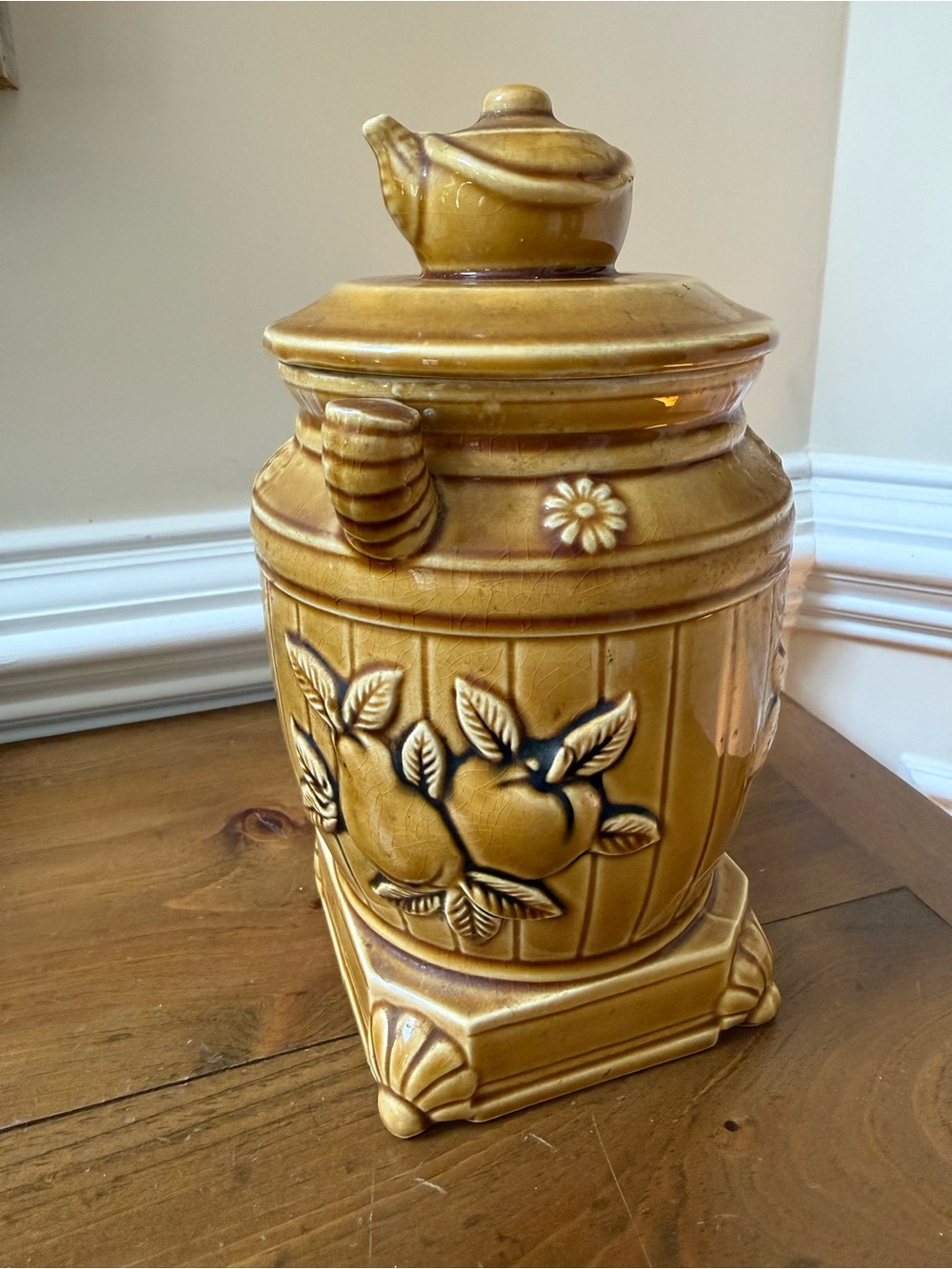 Vintage 1970s Marigold Ceramic pot-belly stove Canister with Fruit and Tea Motif
